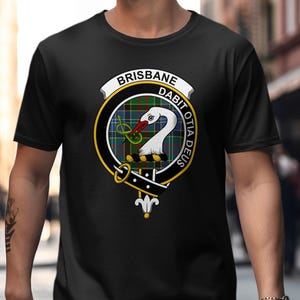 Black t-shirt with Brisbane Dabit Otia Deus clan crest on chest.