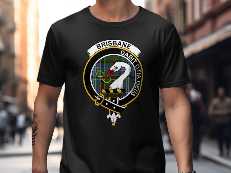 Black t-shirt with Brisbane Dabit Otia Deus clan crest on chest.