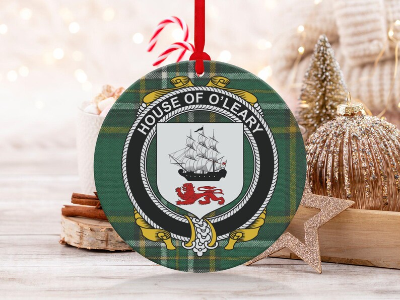 O'leary Surname Crest Christmas Ornament, Irish Coat of Arms on Tartan