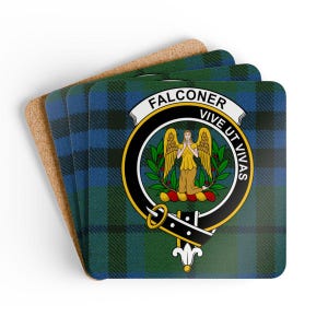 Falconer Coaster Set: Clan Crest, Tartan Pattern, Drink Coasters