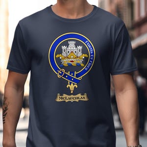 Navy t-shirt featuring the McLauchlan clan crest with motto "Fortis et Fidelis".