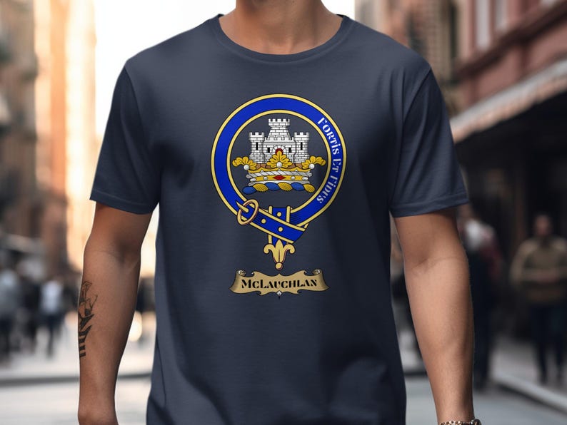 Navy t-shirt featuring the McLauchlan clan crest with motto "Fortis et Fidelis".