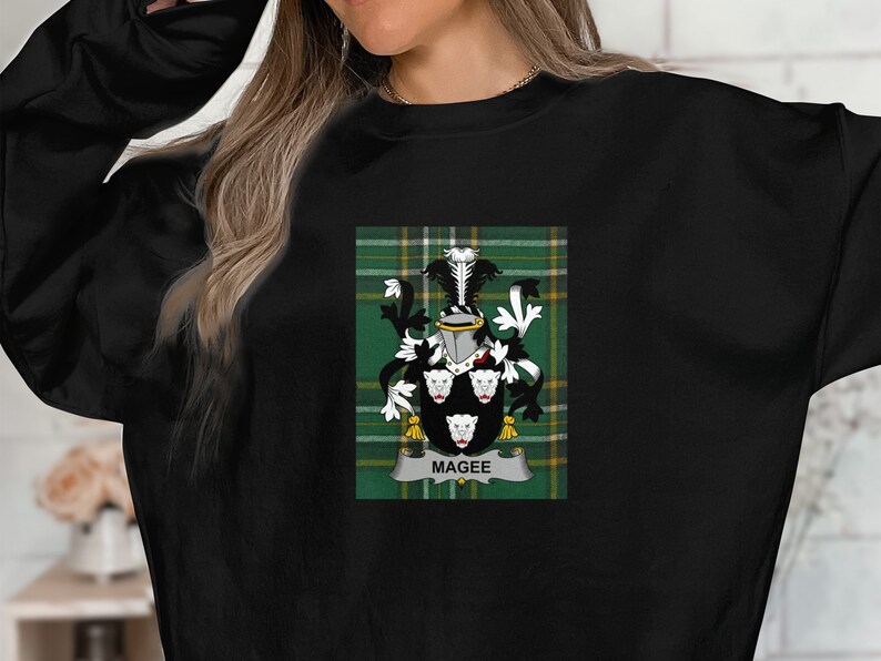 Irish Magee Family Crest on National Tartan, Custom Coat of Arms Hoodie ...