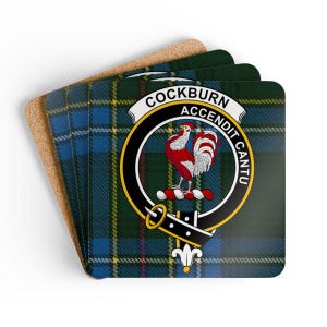 Cockburn Coaster Set: Scottish Clan Crest, Tartan Plaid, Unique Design