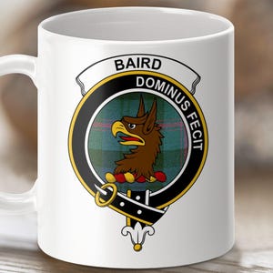 Scottish Clan Baird Crest Tartan Mug, Scottish Heritage Clan Emblem, Family Crest Mug, Ancestry Gift Mug, Scottish Clan Pride