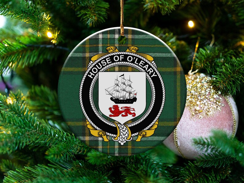 O'leary Surname Crest Christmas Ornament, Irish Coat of Arms on Tartan