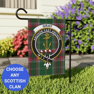 Gray Scottish Clan Garden Flag, Scottish Crest on Tartan Background, Family Heritage Decoration, Outdoor Yard Flag, Clan Gray Display