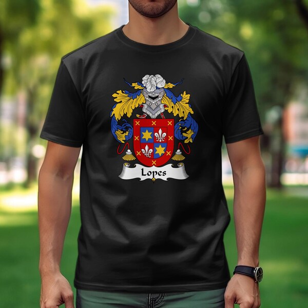 Lopes Family Crest T-Shirt, Portuguese Surname Heraldry Tee, Unisex Hoodie, Sweatshirt with Coat of Arms