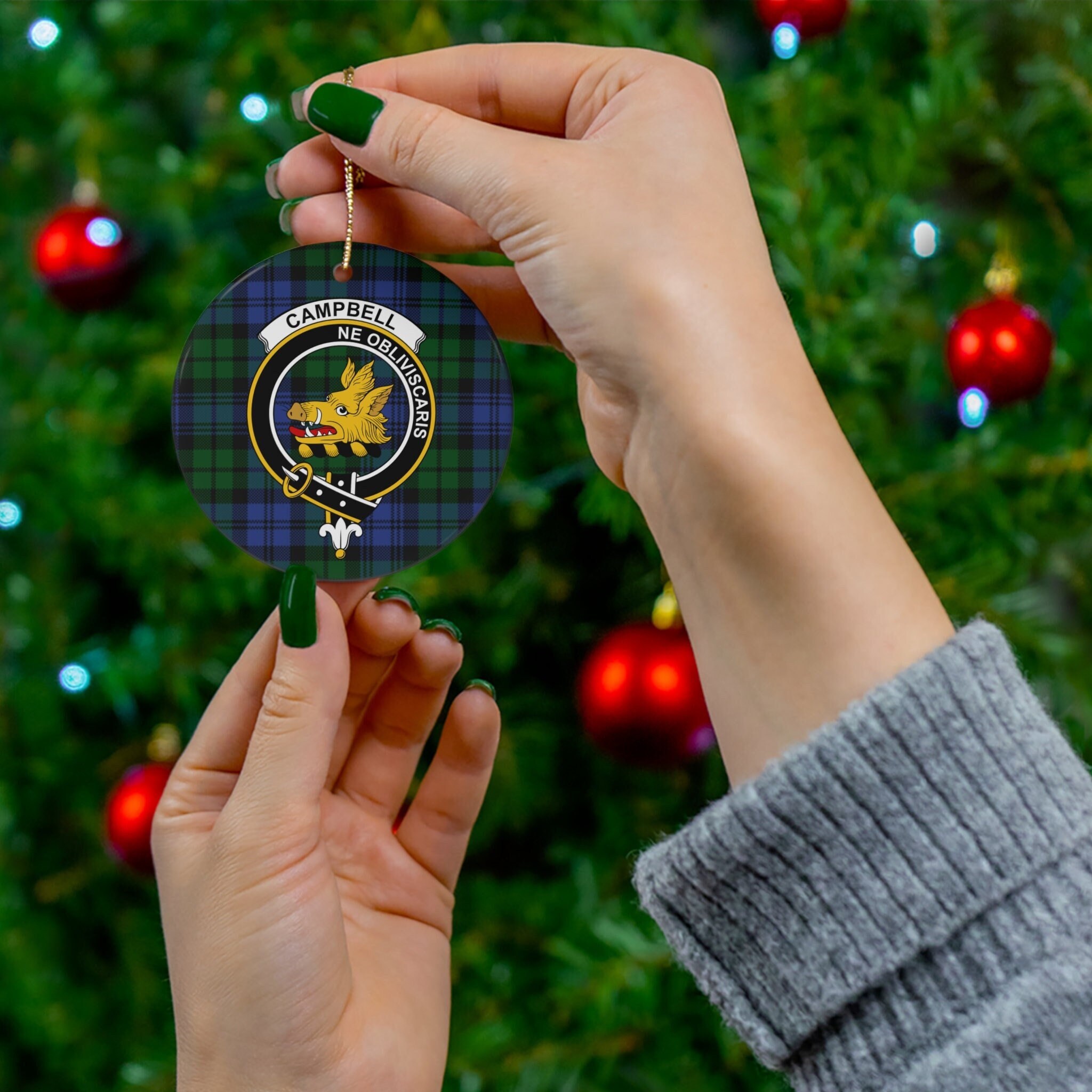 Personalized Scottish Clan Crest Ceramic Christmas Ornament – Custom Tartan, Timeless Holiday Décor, Unique Celtic Gift