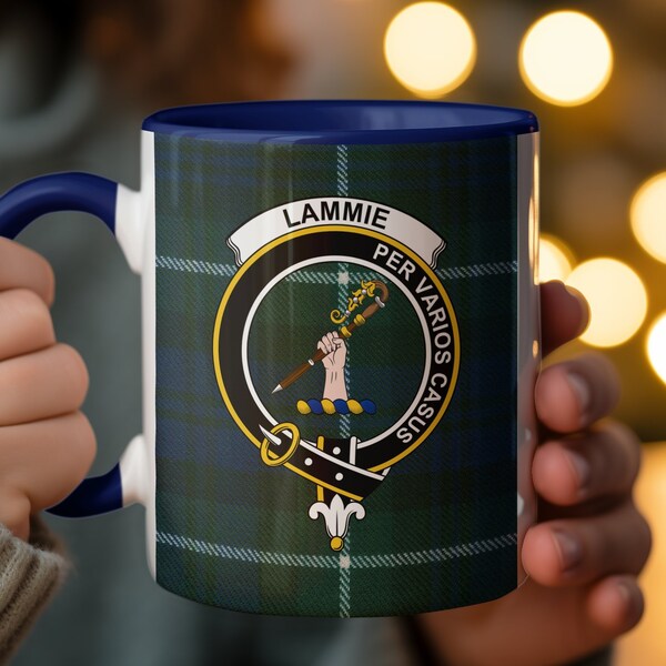 Scottish Clan Lammie Crest Mug, Custom Heritage Drinkware, Scotland Family Emblem on Tartan, Unique Ancestry Gift