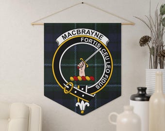 MacBrayne Clan Crest Pennant: Tartan Background, Scottish Heritage, Family Pride