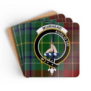 Muirhead Clan Coaster Set: Shield Crest, Tartan Background, Scottish Heritage