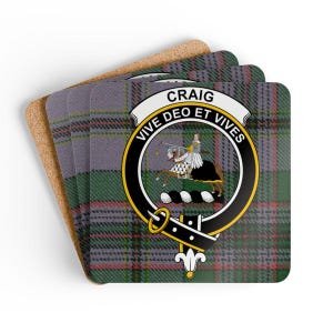 Craig Clan Coaster Set: Scottish Crest, Tartan Pattern, Family Heritage