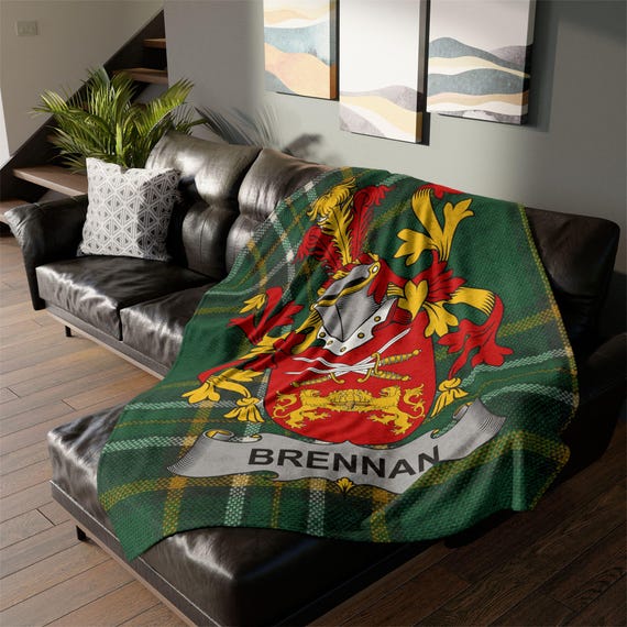Brennan Surname Coat of Arms Blanket, Irish National Tartan