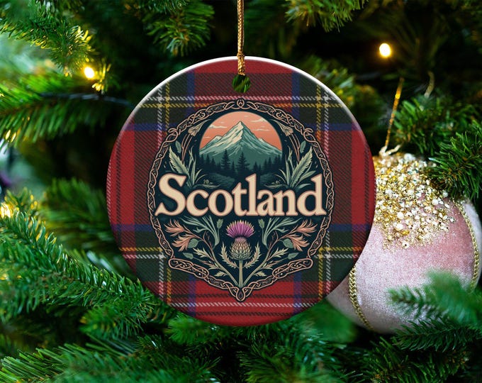 Stewart Muted Blue Tartan Crest Christmas Ceramic Ornament