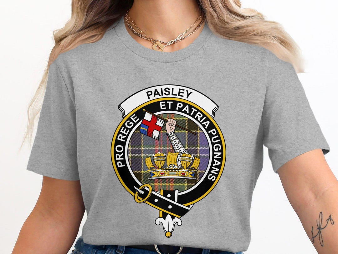 Paisley Scottish Clan T-shirt, Clan Crest With Tartan Background