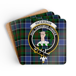 Paterson Coaster Set: Scottish Clan Crest, Tartan, Drink Coasters