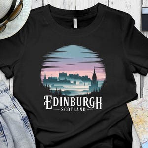 Edinburgh Scotland T-Shirt, City Skyline Tee, Scottish Souvenir, Travel Gift, Vacation Shirt, Edinburgh Castle Apparel, Sunset T-Shirt