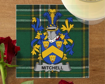 Mitchell-Familienwappen auf irischem Tartan, individuelle Braut- und Hochzeits-Mittagsservietten, Wiedersehensdekoration