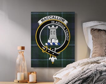 MacCallum Scottish Clan Crest on Tartan Background Canvas Wrap, Clan MacCallum Art, Scottish Gift Idea, Home Decor, Wall Art Piece