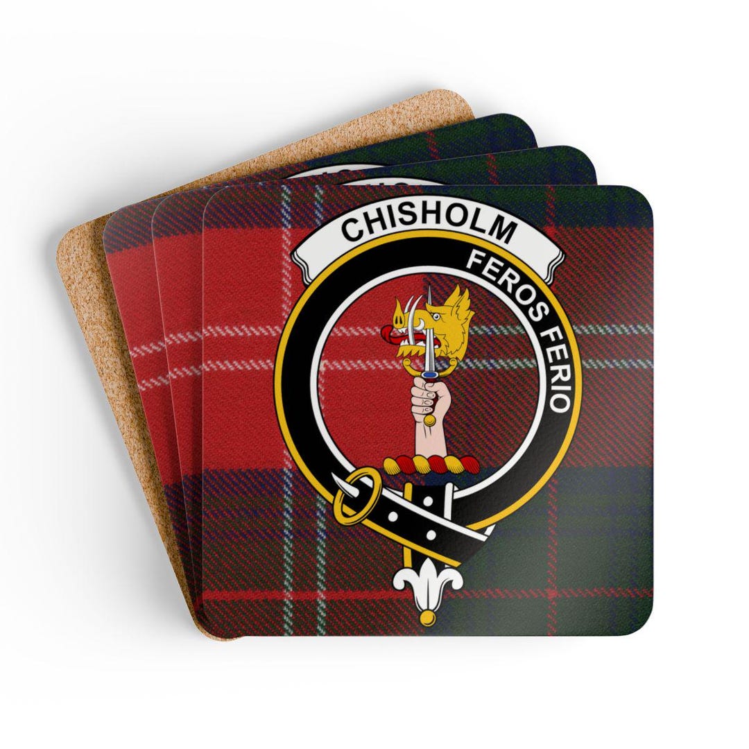 Chisholm Coaster Set: Scottish Clan Crest, Tartan Pattern, Home Decor ...