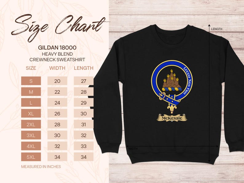Gildan 18000 sweatshirt size chart with "McKenzie" clan crest.