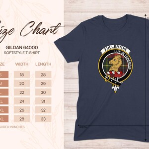 Gildan 64000 softstyle t-shirt size chart with measurements in inches.