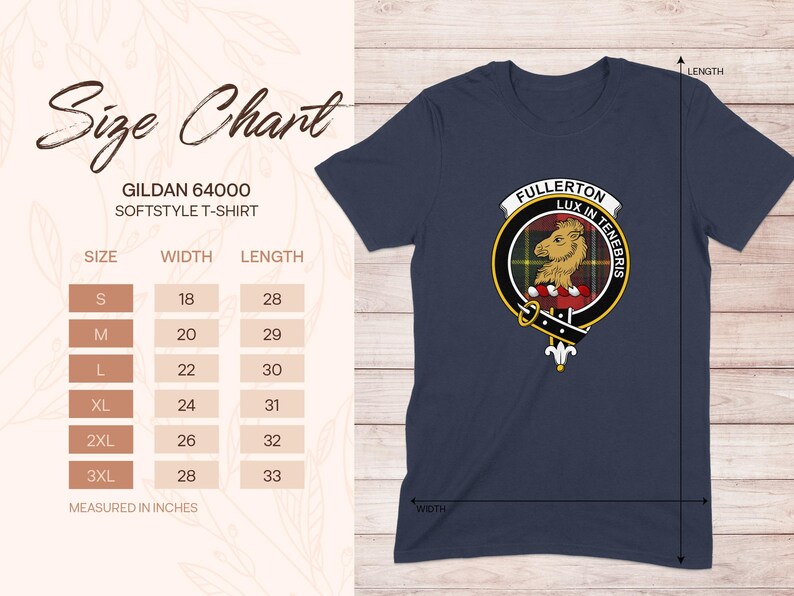 Gildan 64000 softstyle t-shirt size chart with measurements in inches.