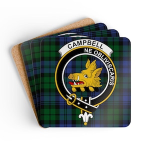 Campbell Coaster Set: Scottish Clan Crest, Tartan Design, Protective Drinkware