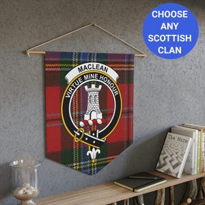 Clan Maclean Scottish Tartan Wall Pennant, Virtue Mine Honour Motto Wall Decor, Clan Crest Wall Hanging, Scottish Clan Pride Gift