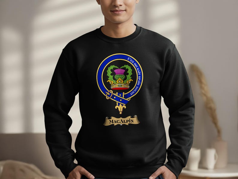 Black sweatshirt featuring the MacAlpin clan crest and motto.