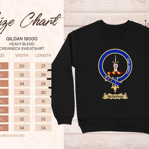 Gildan 18000 sweatshirt size chart with McIntyre clan crest.