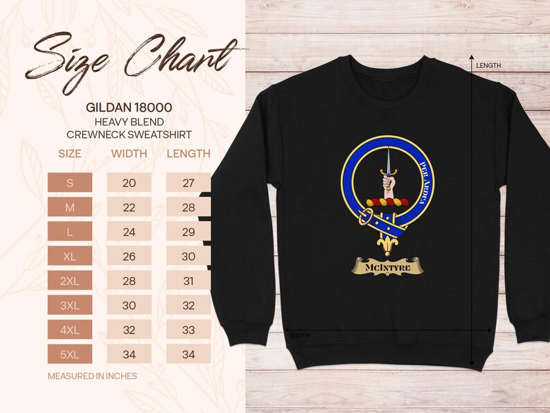 Gildan 18000 sweatshirt size chart with McIntyre clan crest.