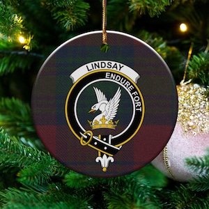 Lindsay Clan Crest Ceramic Ornament, Scottish Family Name Gift, Tartan Background, Personalized Holiday Decoration, Unique Keepsake