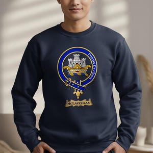 Navy sweatshirt with the MacLauchlan clan crest on the chest.