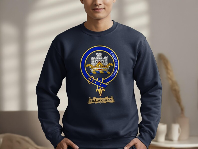 Navy sweatshirt with the MacLauchlan clan crest on the chest.
