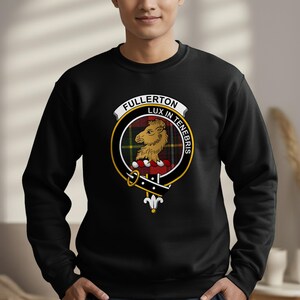 Black sweatshirt with Fullerton clan crest featuring a lion and motto.