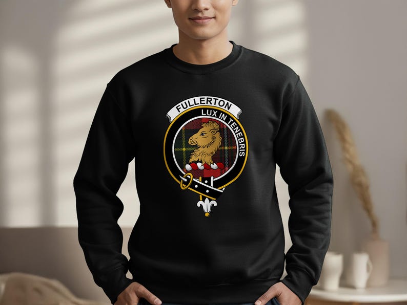 Black sweatshirt with Fullerton clan crest featuring a lion and motto.