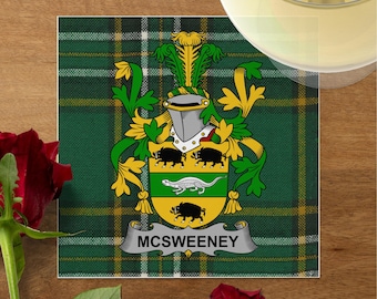 McSweeney Familienwappen auf irischem Tartan, benutzerdefinierte Getränke- und Luncheon-Servietten, perfekt für Hochzeiten und Wiedervereinigungen