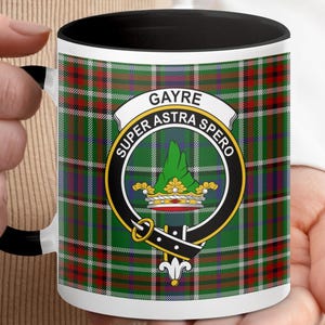 Gayre Clan Crest Mug, Scottish Tartan Mug, Scottish Gift, Family Name Mug, Crest and Motto, Scotland Mug, Personalized Clan Mug