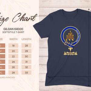 Gildan 64000 t-shirt size chart with McKenzie clan crest.