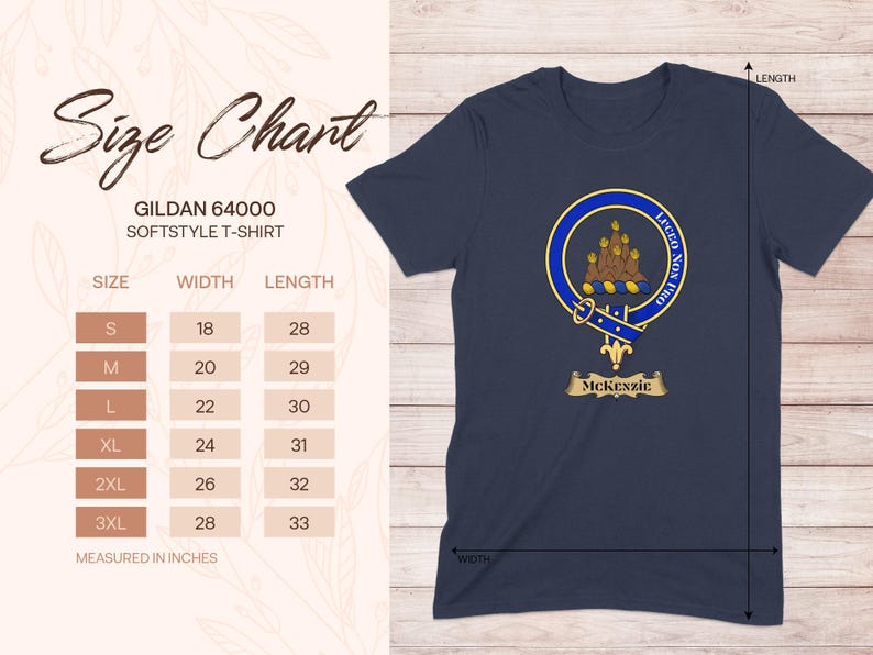 Gildan 64000 t-shirt size chart with McKenzie clan crest.