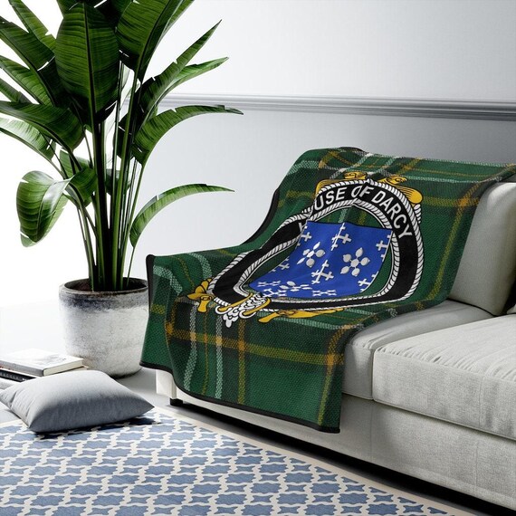 House of Darcy Irish Crest Tartan Blanket Irish Surname Crest Throw Blanket Family Heritage Gift Cozy Irish Tartan Decor