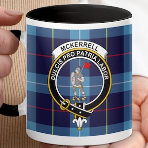 Mckerrell Scottish Clan Crest Tartan Mug, Scottish Gift, Clan Crest Mug, Scottish Highlands, Dulcis Pro Patria Labor