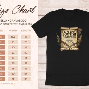 Unisex Bella+Canvas 3001 t-shirt size chart with Scottish fingerprints graphic.