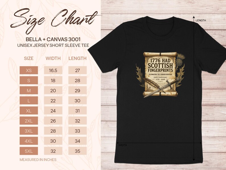 Unisex Bella+Canvas 3001 t-shirt size chart with Scottish fingerprints graphic.