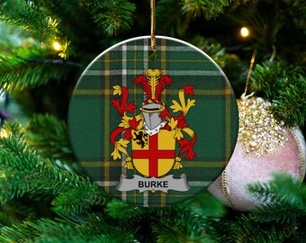 Burke Irish Surname Coat of Arms Ceramic Ornament, Irish Tartan Family Crest Ornament, Personalized Irish Gift, Holiday Decor