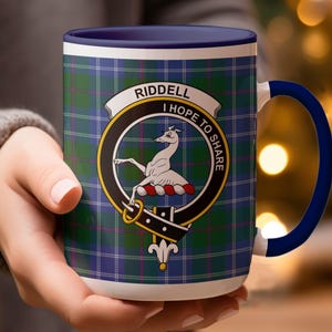 Riddell Clan Crest Tartan Mug, Scottish Family Name, Surname Gift, Ancestry Pride, Scotland Heraldry, Clan Mug, Crest Image