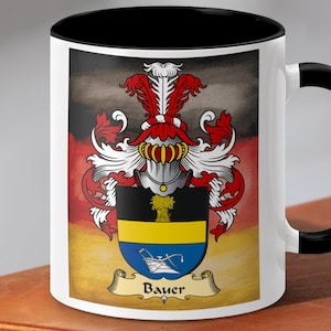 Bauer Surname Mug, German Coat of Arms, Personalized Mug, Watercolor German Flag, Family History Gift, Custom German Name Mug