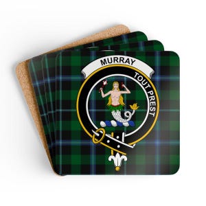 Murray Clan Crest Coaster Set: Scottish Tartan, Durable, Authentic